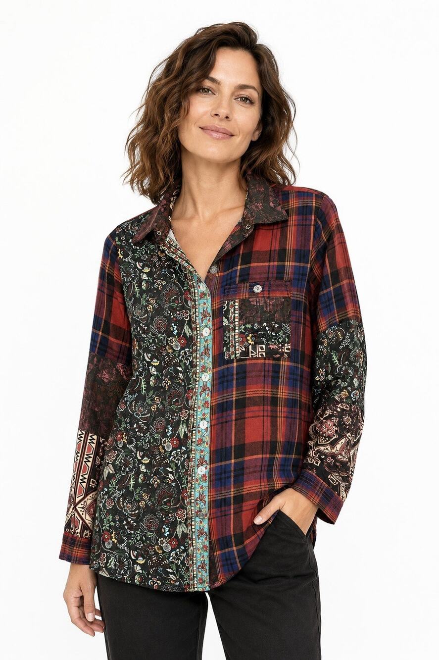 John Mark Women’s M Paisley Plaid Patchwork Button Down Shirt Floral Boho Artsy